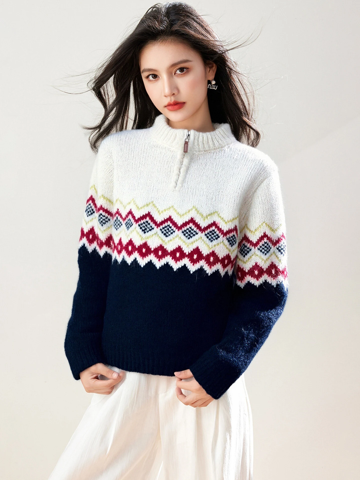 

Winter New Jacquard Color-Blocking Semi-Zipper Sweater For Women Loose Versatile Elegant And Slimming Top