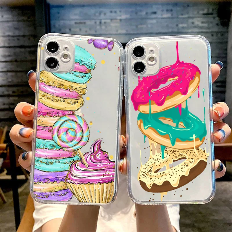 Dessert ice cream Macaron Food Phone Case iPhone 12 11 13 Pro Max Mini 11Pro XR X XS MAX 7 8 Plus Cover Clear Shockproof Fundas