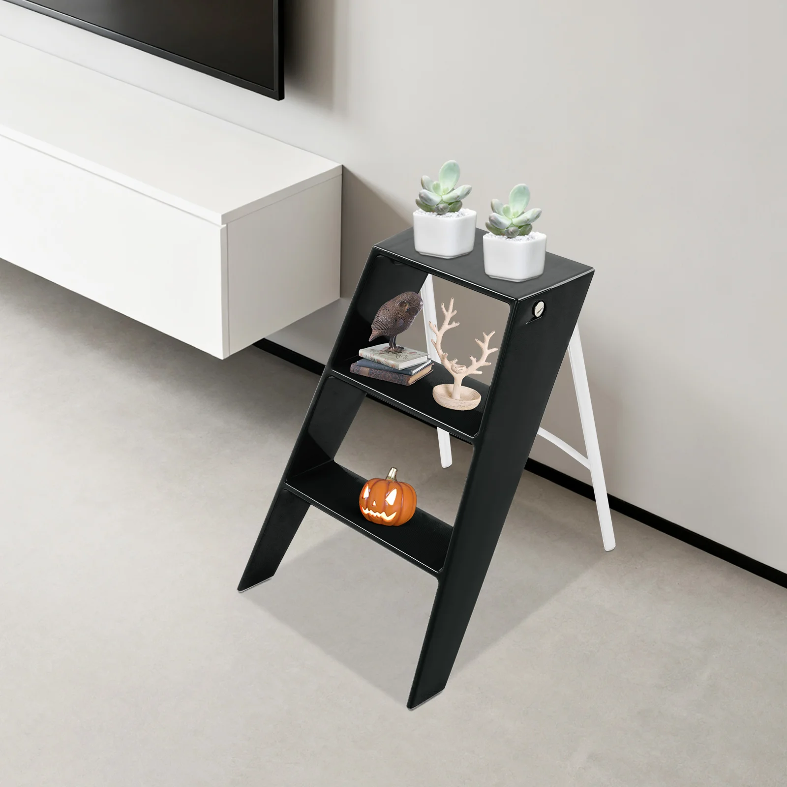 أسود PC الحديد 44*58*61 سنتيمتر ثلاث خطوات متعرجة سلم البراز للطي متعددة الوظائف تخزين الرف سلم تخزين المنزل