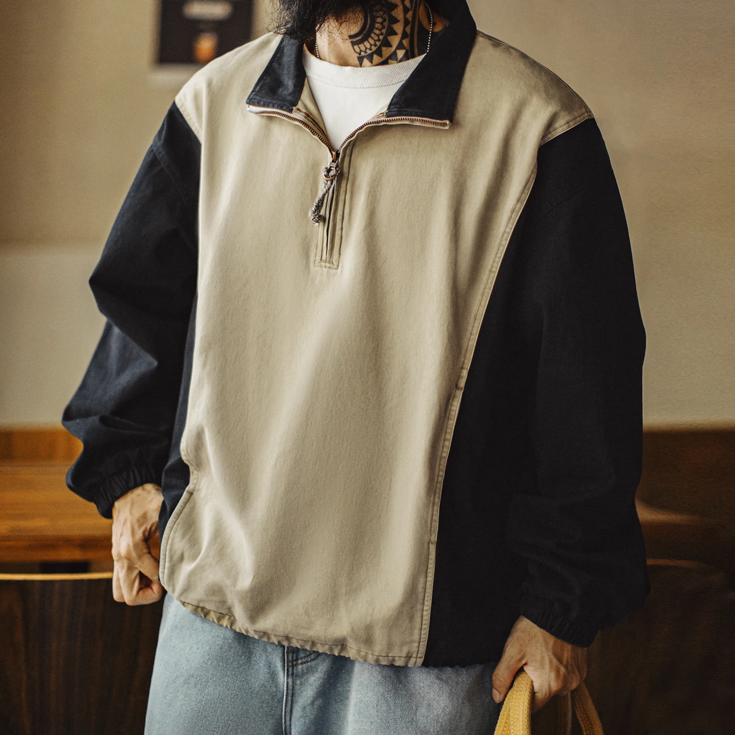 Maden Men's Half Zip Sweatshirt Cotton Stand Collar Pullover Color Block Loose Fit Workwear Streetwear Casual Top Fall