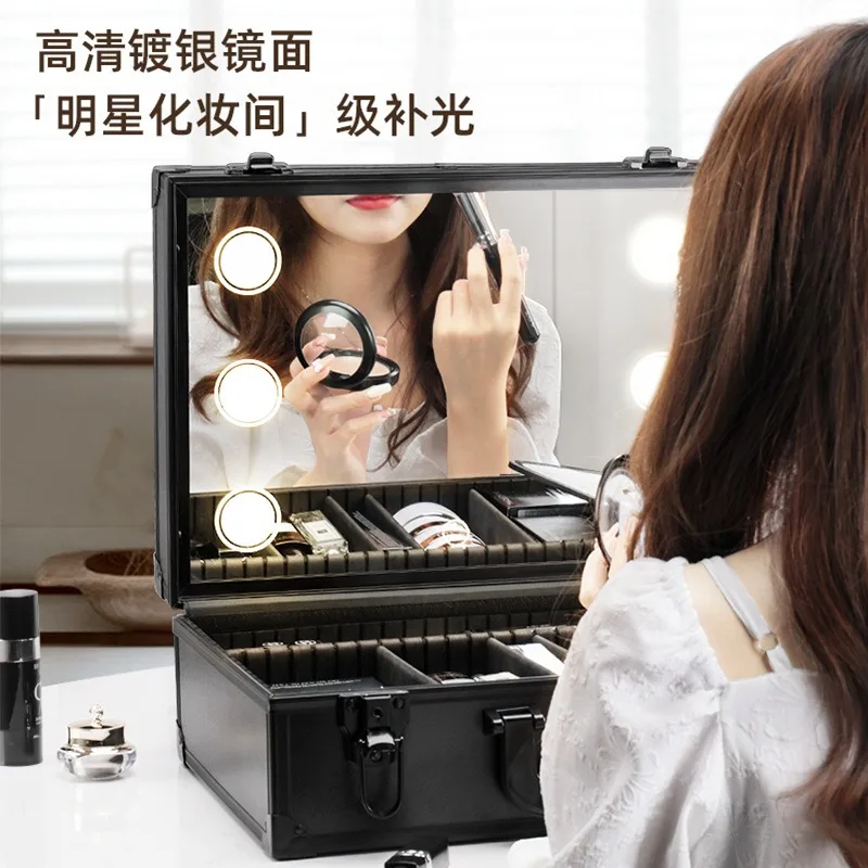 With lamp with mirror cosmetic case large capacity makeup artist portable cosmetics skin care product storage box