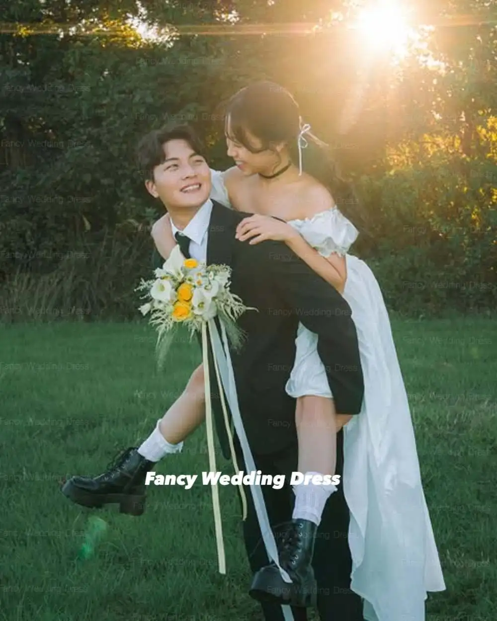 Fantasia simples fora do ombro vestido de casamento coreia sessão de fotos uma linha tafetá vestido de baile volta espartilho personalizado