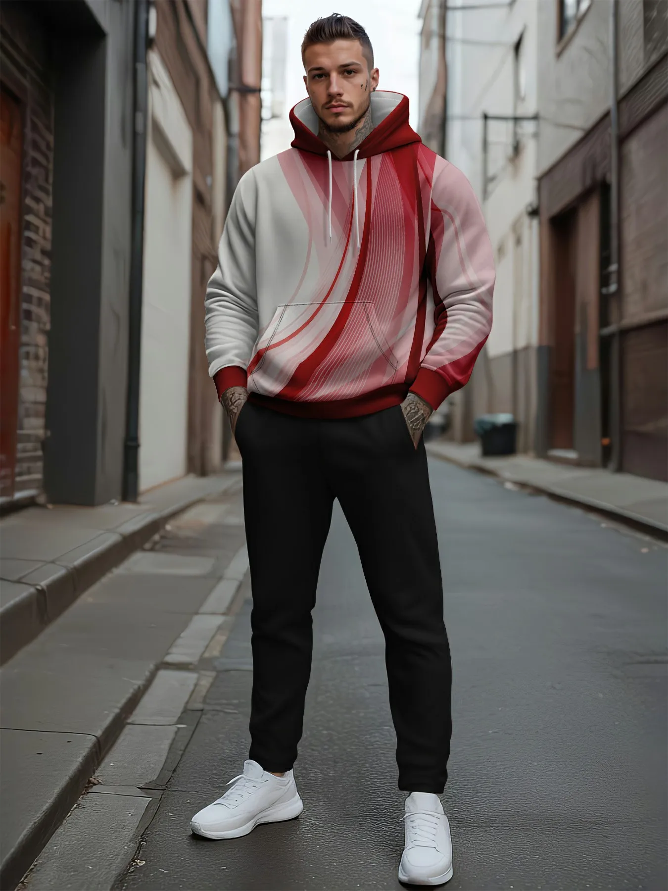 طقم سويت شيرت بغطاء للرأس بطباعة ثلاثية الأبعاد للرجال دافئ كاجوال فضفاض من الصوف #1