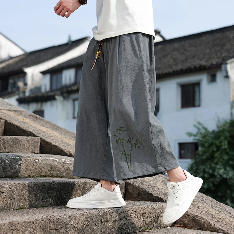 Mens Wide Leg Pants Baggy Athletic Pants with Drawstring Lightweight Summer Streetwear Bamboo Embroried Trousers M-XXXXXL Plus