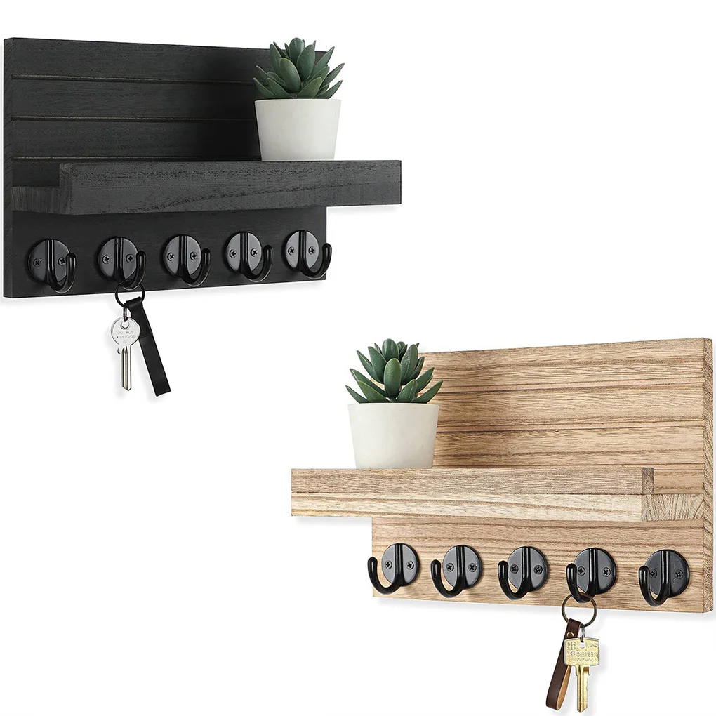 Portallaves de madera para pared con ganchos, decoración de entrada, estante flotante rústico con 5 ganchos para llaves, correa colgante, llaves para gafas de sol
