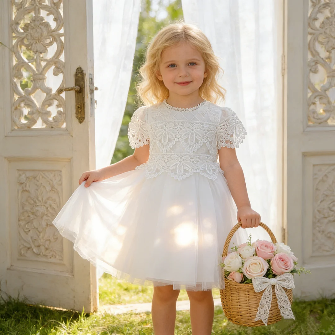 Girls' casual vacation round neck short sleeved white floral dress charming formal dress perfect for summer outings and beach