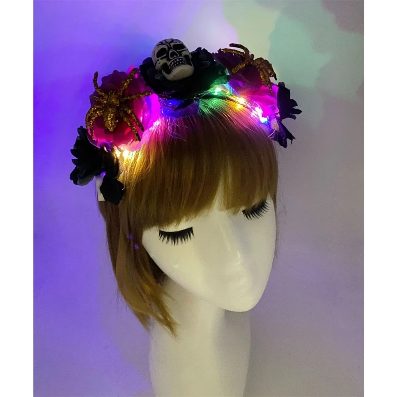 Girls LED Glowing Flower&Skull Hairband for Women Prom Party Ornaments