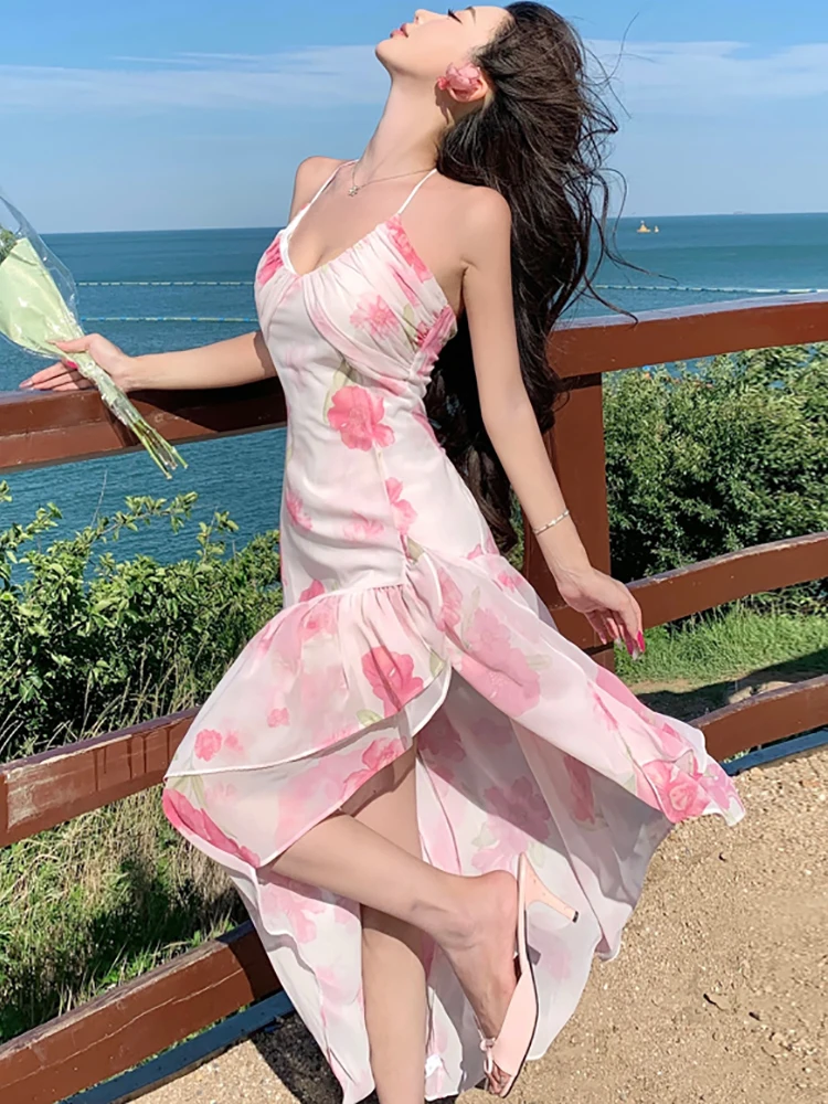 casual chiffon dress korea Women Pink Floral Chic Neck-mounted Long 2026 Korean Elegant Dress Summer Fashion Bodycon Festival Dresses stormy Elamini Elegant Black Velvet Floral print Color:Royal/Turquoise
