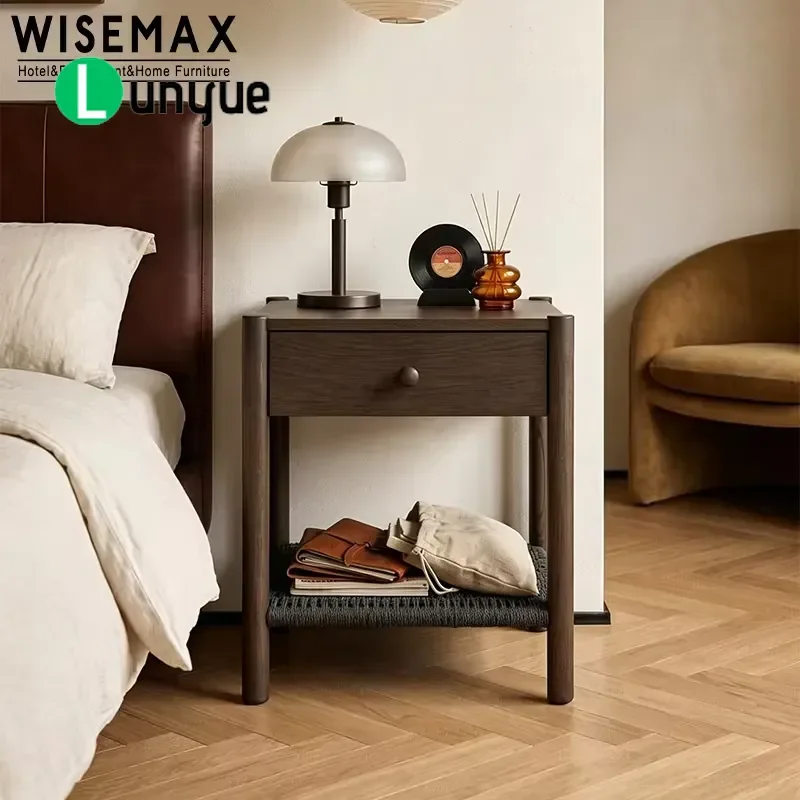 Nordic Modern Luxury Solid Ash Wood Bedside Table with Natural Paper Rope Design for Bedroom Hotel Villa Furniture