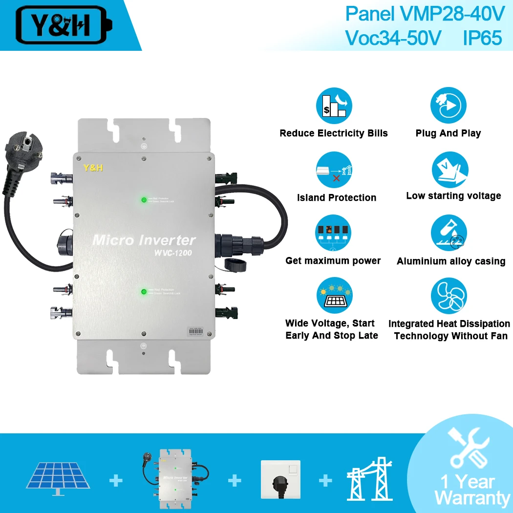 Y&H 1200W Grid Tie Inverter Waterproof IP65 MPPT DC28-50V PV Input AC80-160V Output Solar Micro Inversor for 30V 36V Solar Panel