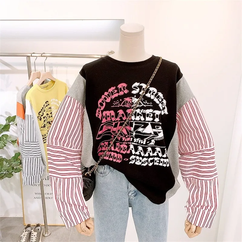 

Trendy Thin Women's Sweatshirt European Style plus Size Spring Autumn Cotton round Neck Long Sleeve Printed Top for Heavy Girls