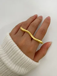 Peri'sbox Waterproof Gold Plated Ripple Metal Lines Geometric Rings for Women Men Punk Minimalist Stainless Steel Unique Jewelry