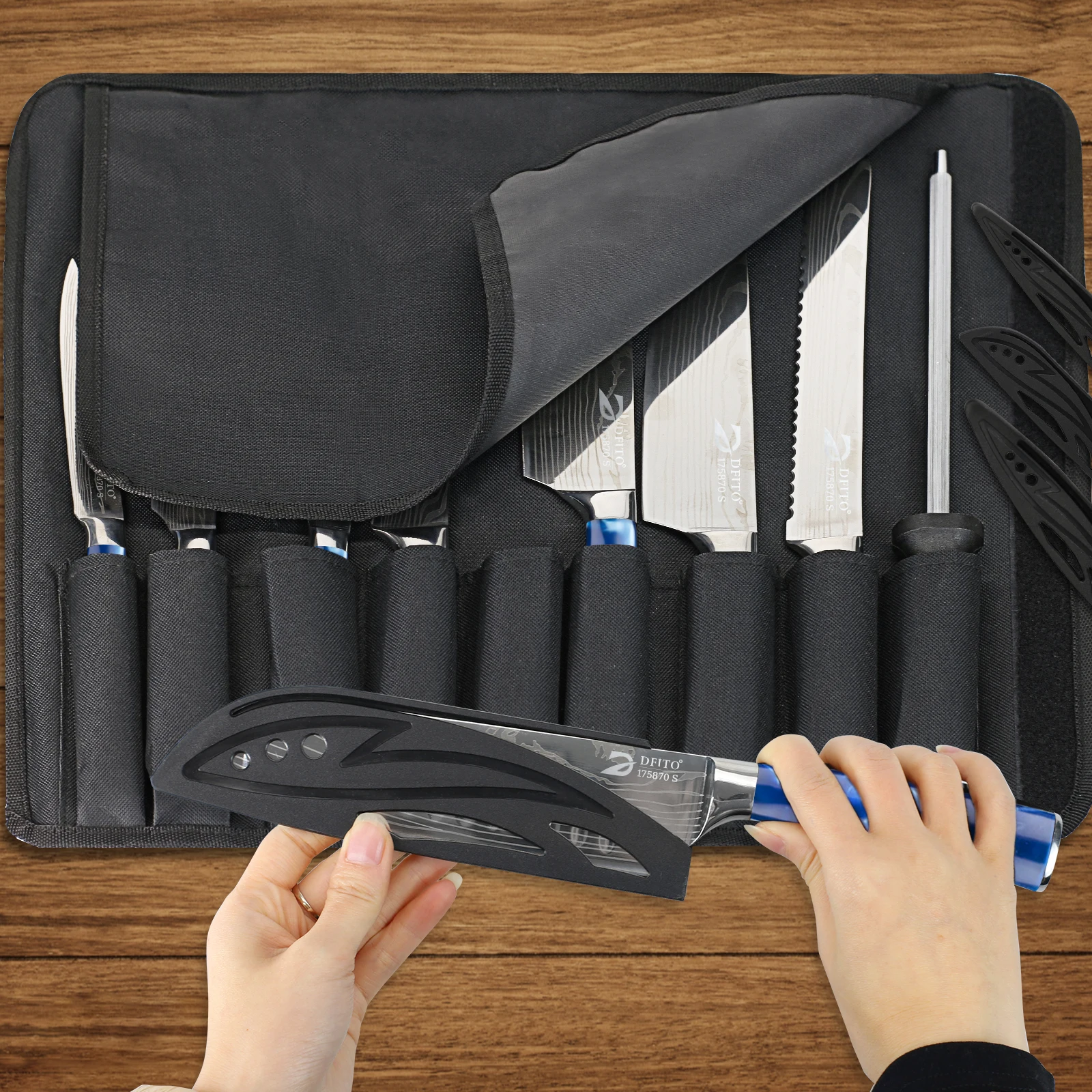 8-teiliges Küchenmesser-Set aus 7CR17MOV Edelstahl mit Kochmesser, Hackmesser, Brotmesser, Santoku-Messer, Schälmesser, Ausbeinmesser, blauem Harzgriff, Messertasche und Klingenschutz sowie Schleifstab – Detail 3