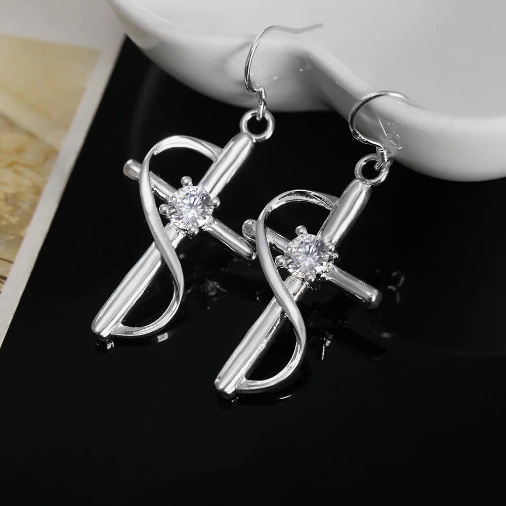 

New High quality party Jewelry 925 Sterling Silver noble crystal cross Drop Earrings for Woman fashion Christmas Gifts