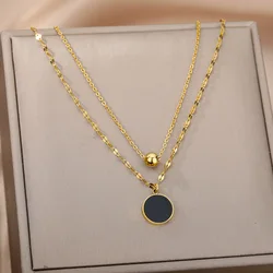 Vintage Black Round Pendant Necklace For Women Stainless Steel Multilayer Chain Necklace Aesthetic Jewerly Wedding Collar