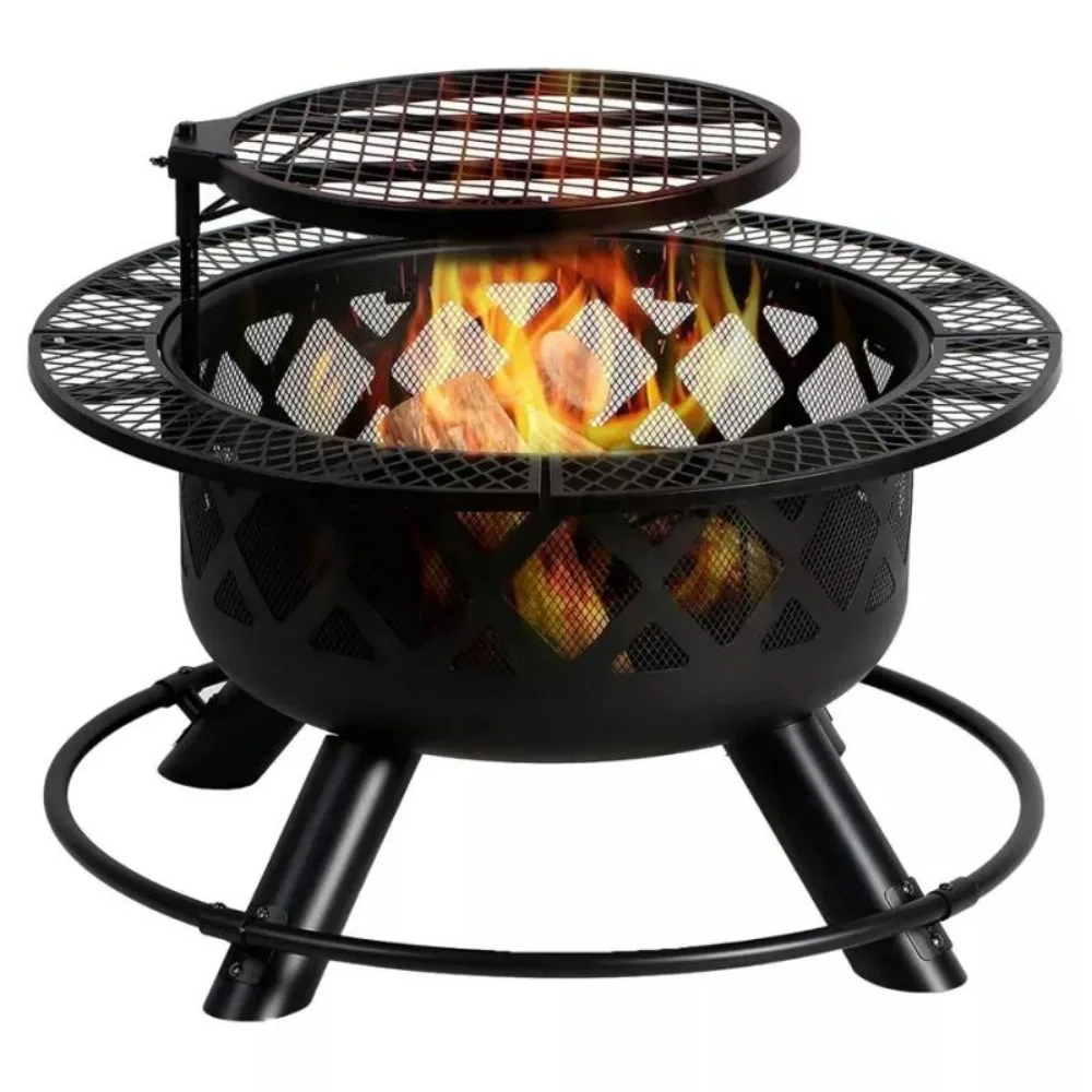 24'' Steel Wood Burning Fire Pit with Removable 360 Degree Swivel Cooking Grill & Collapsible Log Rack for Backyard Patios