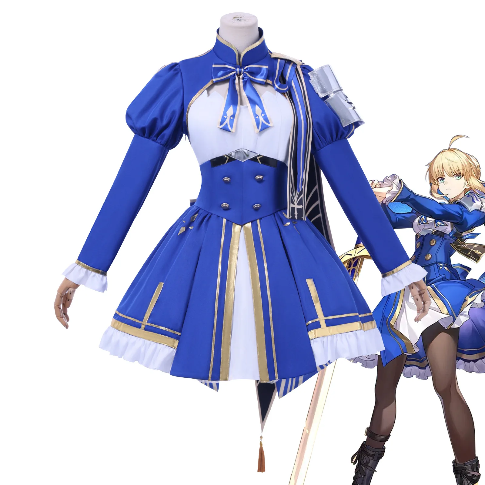 Fate Grand Order × HSR: Saber Destruction/Wind Cosplay Costume Wig Bule Dress Headband Full Set Halloween Carnival Cos Clothes