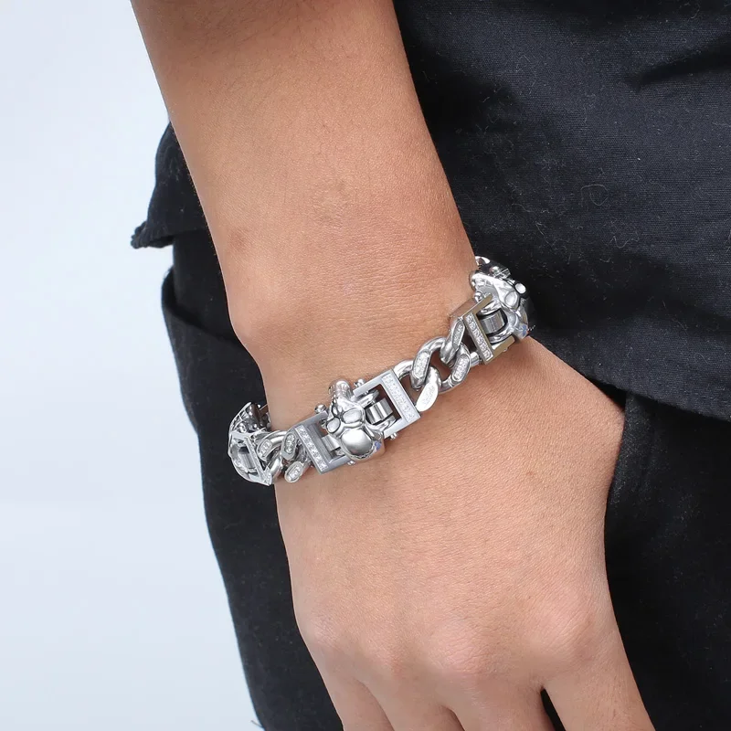 

Fashion Cool Men Punk Skeleton Stainless Steel Creative Skull Crystal Chain Bracelets Jewelry