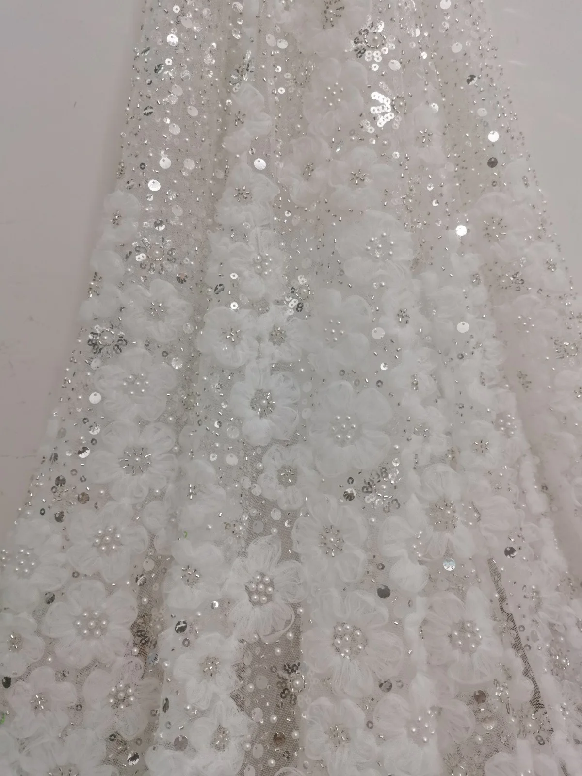 1Yard 3D Flowers Beaded Pearls Mesh Lace Fabric Pan Flower Lace Ivory White Wedding Dress Fabric NEW