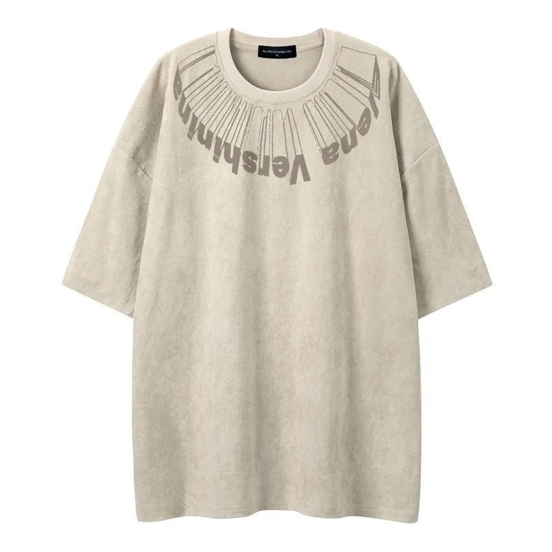 High Quality Suede Vintage Gray T Shirts Hip Hop Original Brand Letter Graphic T-shirt Loose Oversized Men Short Sleeve Goth Top