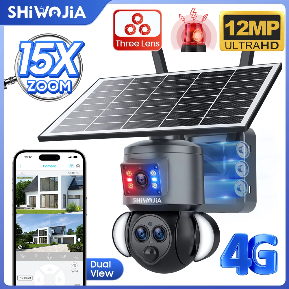 

SHIWOJIA 12MP 15X Zoom Solar Camera 4G SIM Security Outdoor 3Lens Dual Screen Recording Humanoid Tracking Color Night VisionUbox