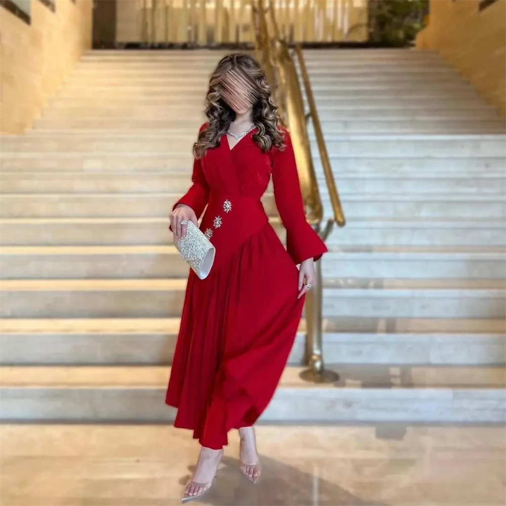 Tarot Red Pleated V Neck Saudi Prom Dresses Satin Jewels V Neck Long Sleeves Evening Gowns For Women Ankle Length فساتين سهرة