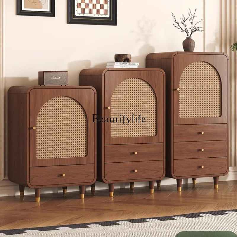 

08Retro medieval rattan dining side cabinet against the wall TV cabinet next to the sofa in the living room