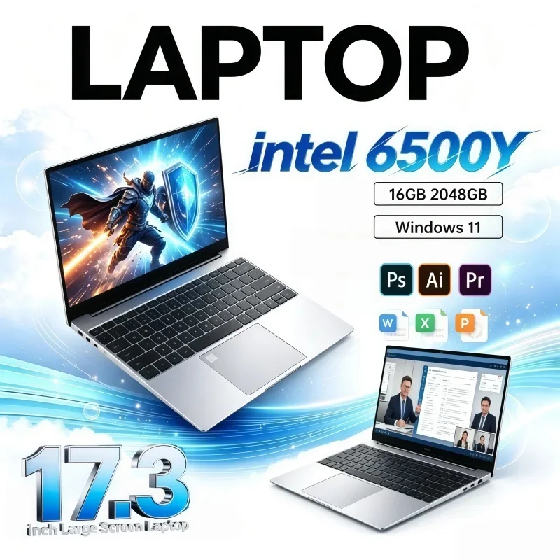 Laptop 17.3 Inch Intel 6500Y Large Screen Ultra Thin Office Study Slim 2026 16GB/32GB RAM Windows11 1TB/2TB Big SSD