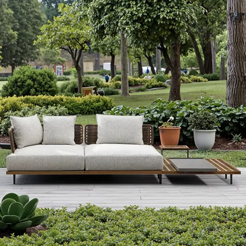 Modern Leisure Garden Lounge Two Seat Sofa Luxury Outdoor Teak Rattan Aluminum Waterproof All Weather Living Room Courtyard