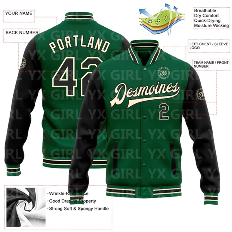 Casaco personalizado Kelly Verde Preto ou Bomber Full Snap Varsity, Casaco De Dois Tons, Casaco De Botão De Beisebol Impresso 3D