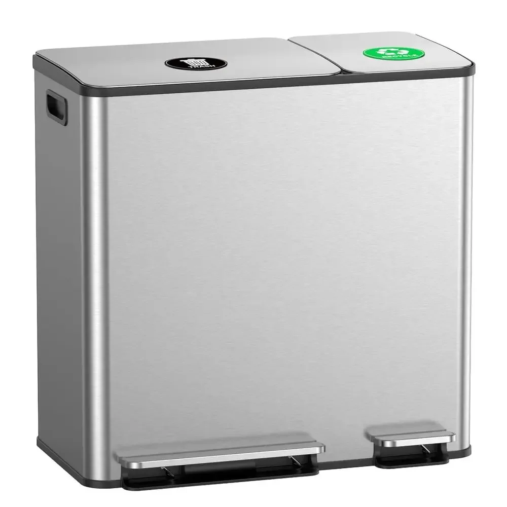 

Мусорное ведро из нержавеющей стали на 13+6 галлонов (двойное) для кухни, идеально для больших семей, с крышкой с плавным закрыванием и магнитом