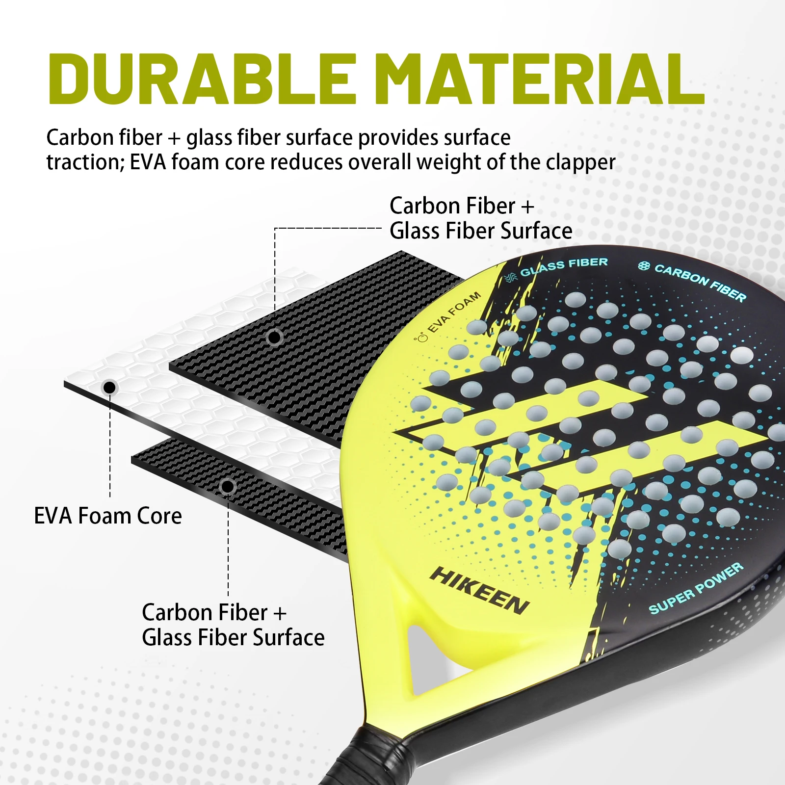 Hikeen Padel Racket Carbon Glass Fiber with EVA Foam Core, Padel Racket Durable and Well-Balanced Paddle for Beginners and Inter