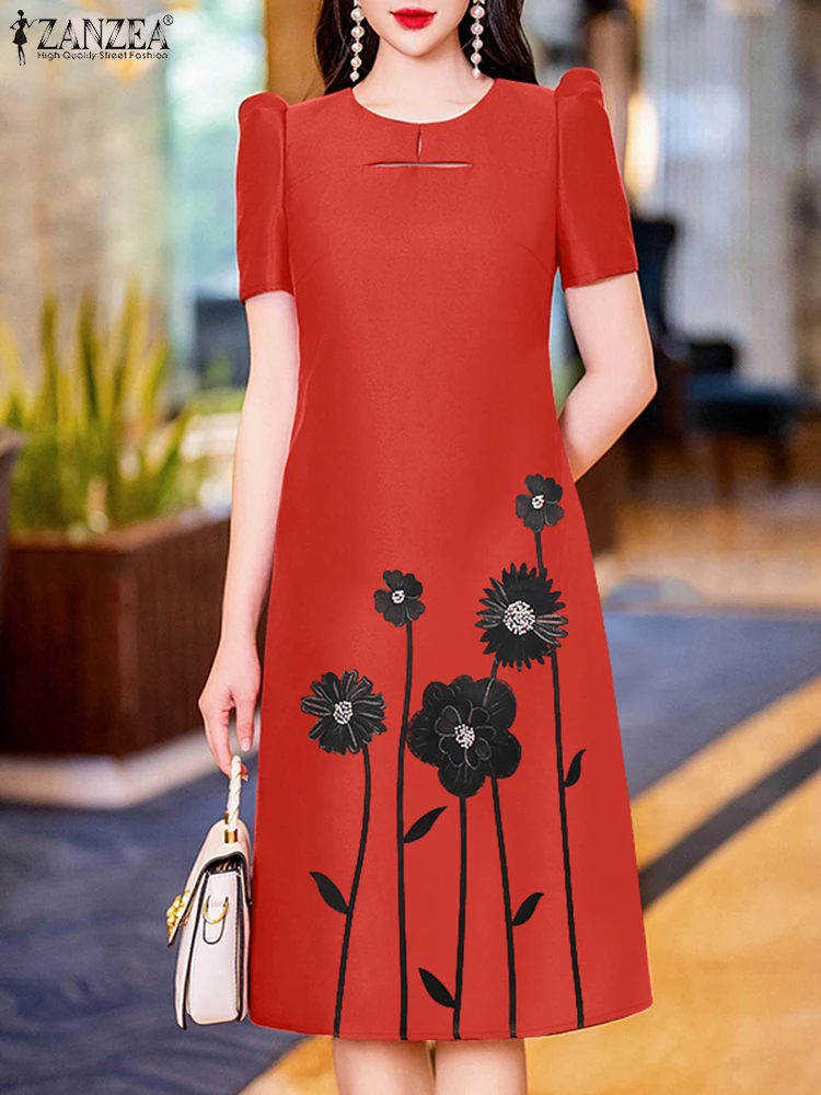 エレガントな女性用花柄プリントミディ丈ワンピース 2025 ZANZEA サマーオフィスワークサテンドレス スタイリッシュなパーティーサンドレス 半袖ワンピース
