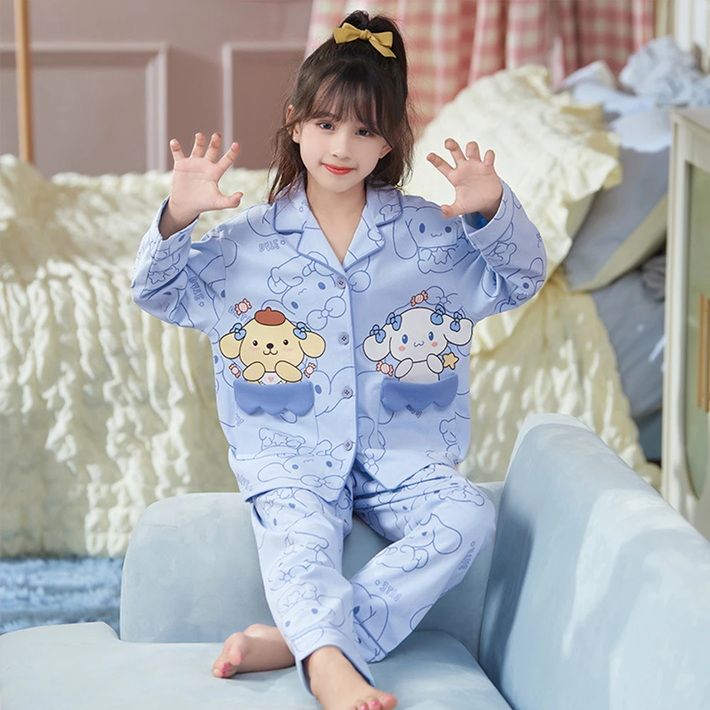 Kawaii Children's Pajamas Anime Melody Kuromi Cinnamoroll Girl Cotton Flip Collar Long Sleeves Cardigan Pants Sleepwear Homewear