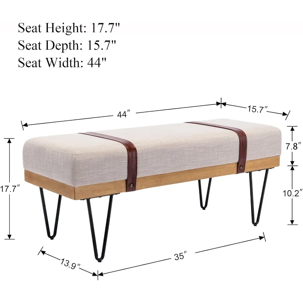 مقعد عثماني مستطيل من الكتان الصناعي الحديث مع حزام PU وأرجل معدنية، مقعد طاولة الطعام ومسند للقدمين ومقعد الأحذية #6