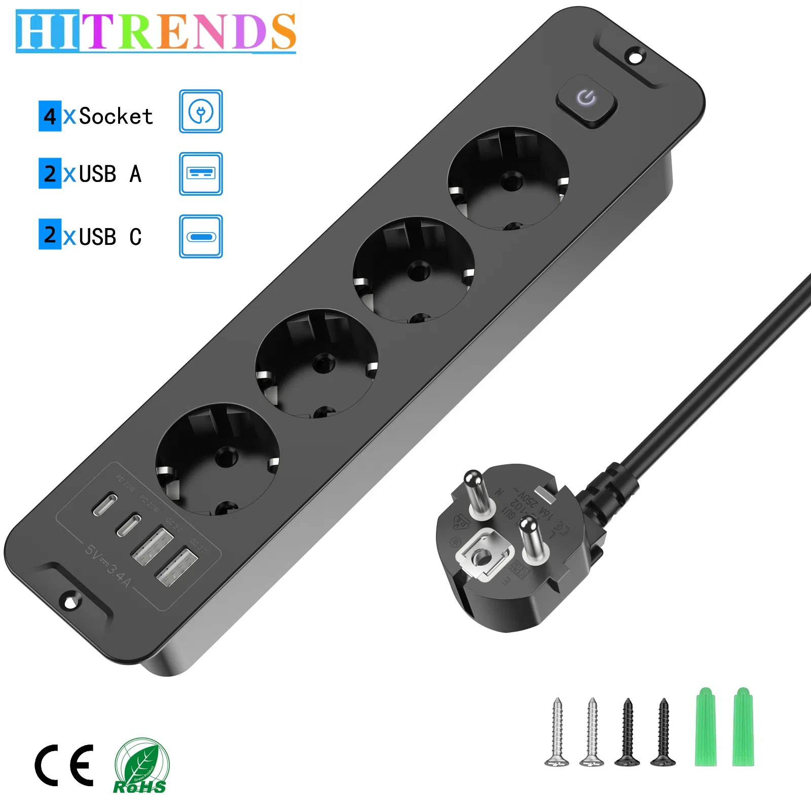 الاتحاد الأوروبي التوصيل سطح المكتب المدمج في لوحة الطاقة 4/6 التيار المتناوب مآخذ الطاقة 2 USB و 2 نوع-C محولات الطاقة مفتاح رئيسي 2 متر تمديد كابل