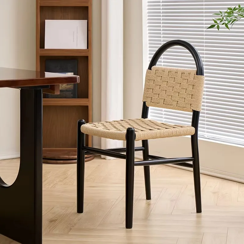 2025 نموذج جديد فرنسي عتيق كرسي طعام من الخشب الصلب حبل منسوج مسند ظهر على الطراز الأمريكي القديم أثاث منزلي للمنزل