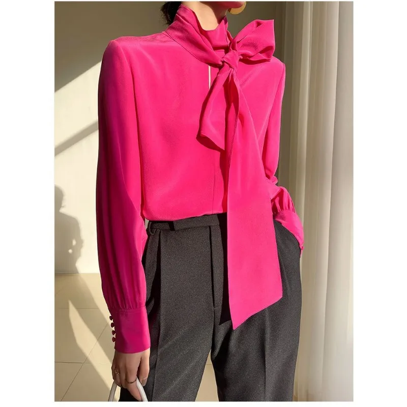 

Rose Pink Bow Simulated Silk Shirt Women's High-Quality Silk Ribbon Drape Loose Pullover