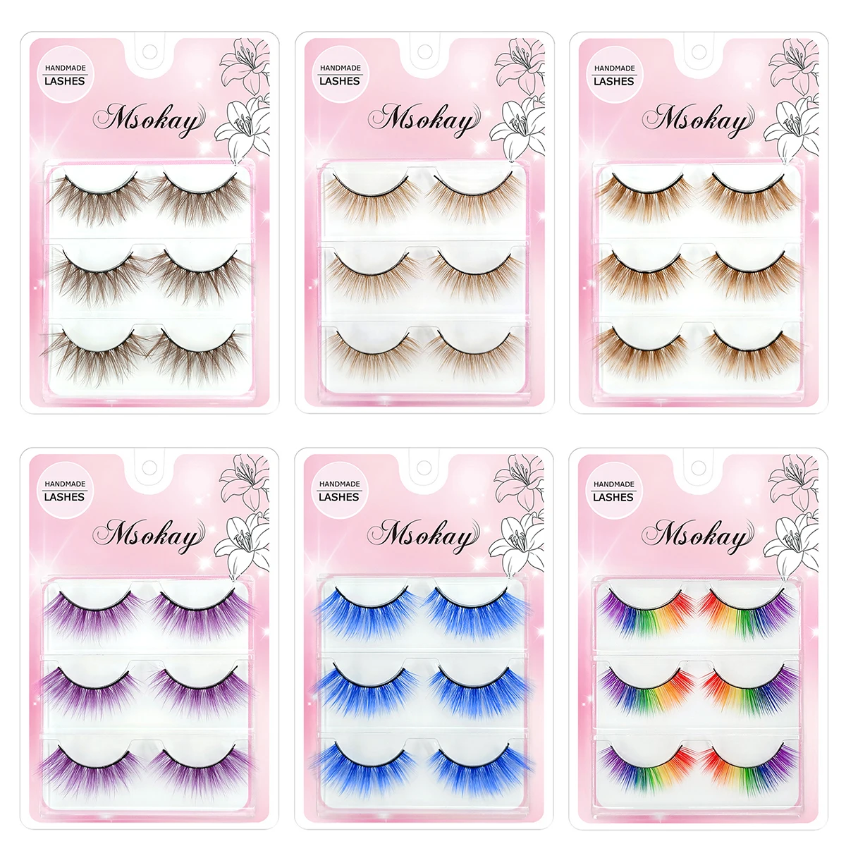 3 Pares de Cílios Coloridos Arco-Íris, Cílios Postiços Marrons para Cosplay, Cílios Loiros para Maquiagem, Cílios Coloridos Azuis para Halloween, Cílios Veganos