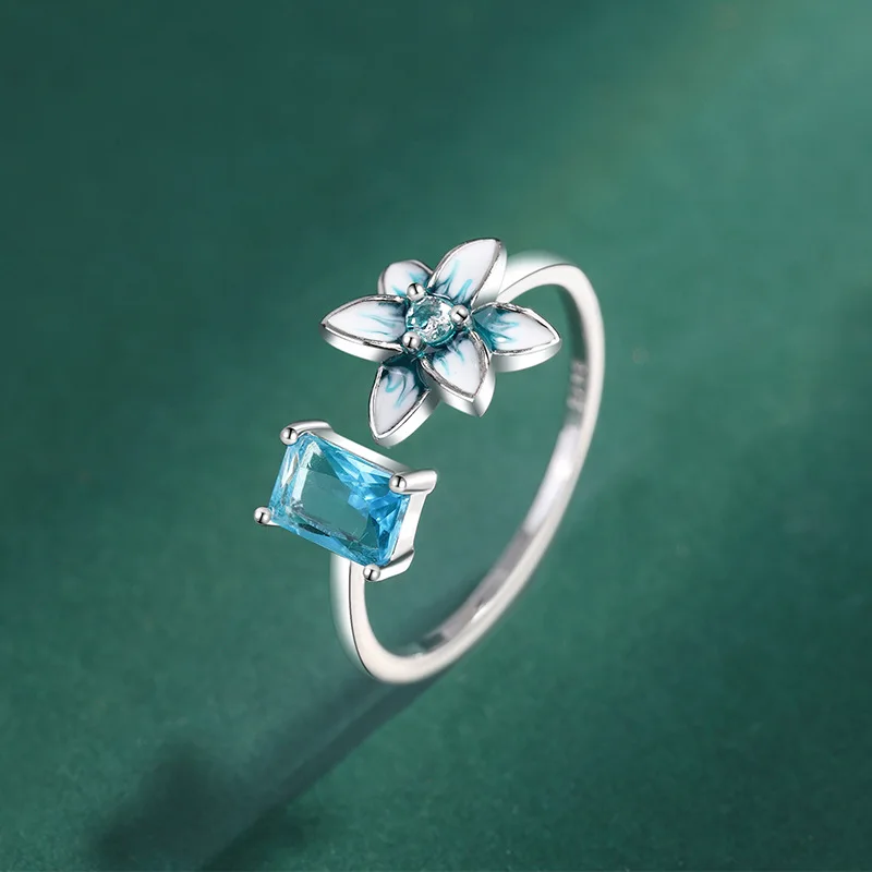 Delicate Enamel Sapphire Flower Full Diamond Couple Ring For Women Colorful Blue Original 925 Sterling Silver Bridal Gift Jewelr