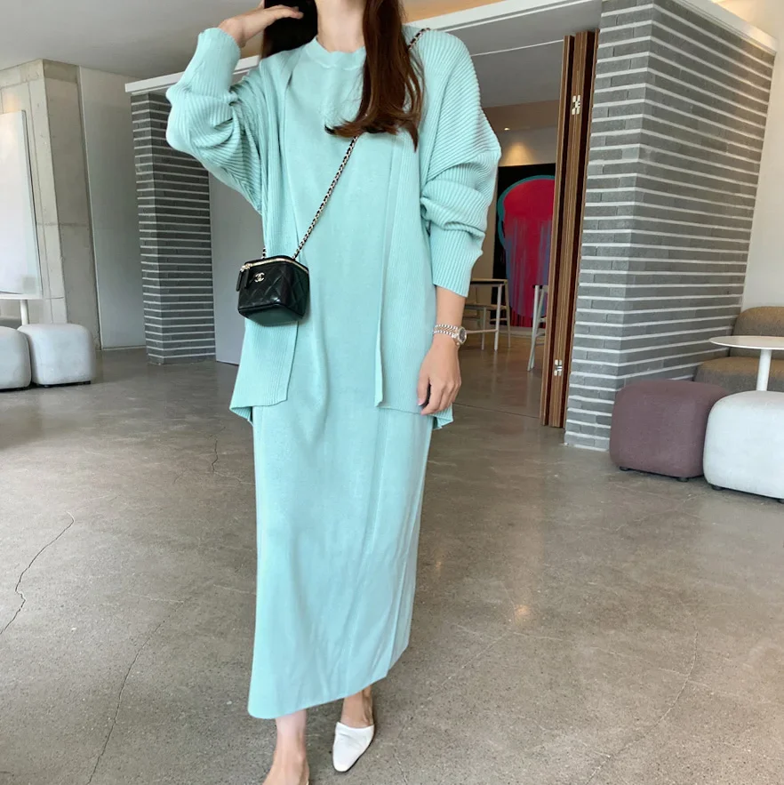 New Elegant Knitted Dress Sets Women Korean Fashion Long Sleeve Cardigan Shawl + Short Sleeve Long Dresses Two Piece Set Outfits