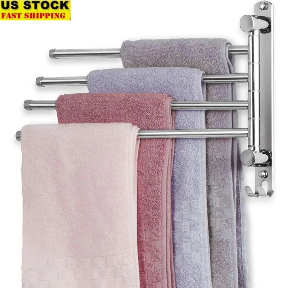 

4 Arms Swivel Towel Holder Wall Mounted SUS304 Stainless Steel Towel Rack Space Saving Bathroom Organizer Rustproof Durability