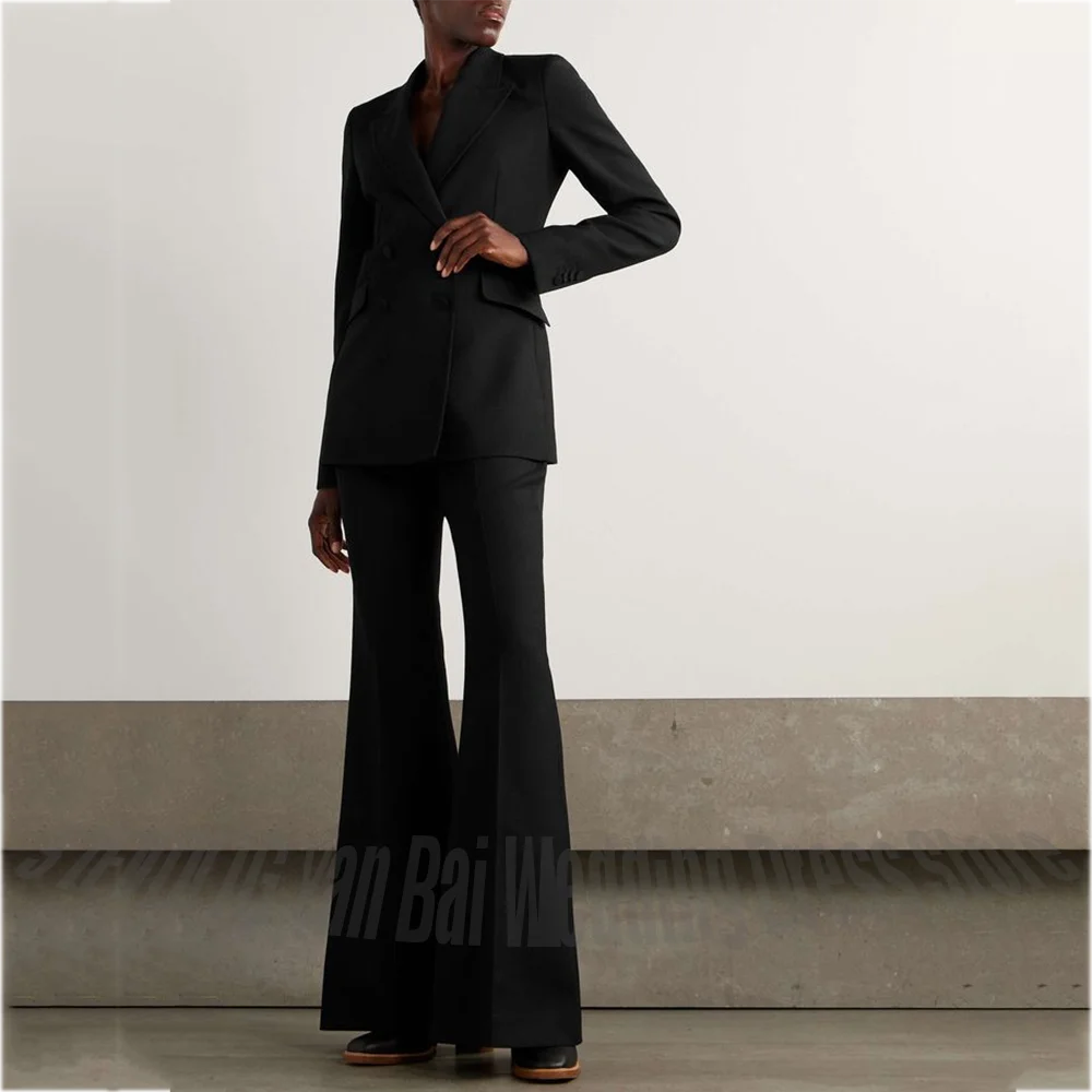 

Черный костюм для женщин, деловой двубортный деловой костюм с остроконечными лацканами, однотонные брюки-клеш, женские брюки, комплект из двух предметов