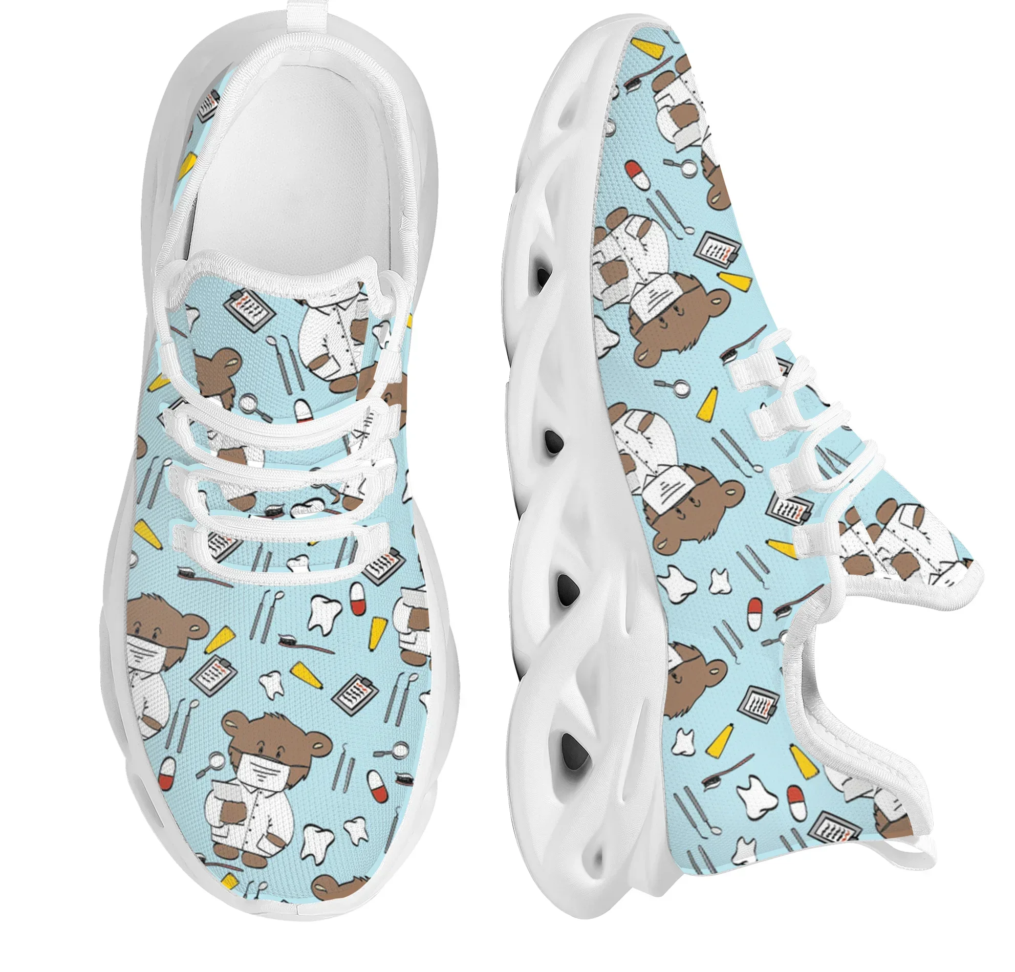 Cartoon enfermeira urso padrão plataforma sapatos para mulheres e meninas, sapatos de balanço de malha, lace up, bonito, esporte, senhoras, 2022