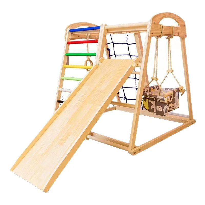

Wooden Toy 7-in-1 Indoor Foldable Play Set with Slide Climbing Wall Monkey Bars Swing Wooden Climbing Frame