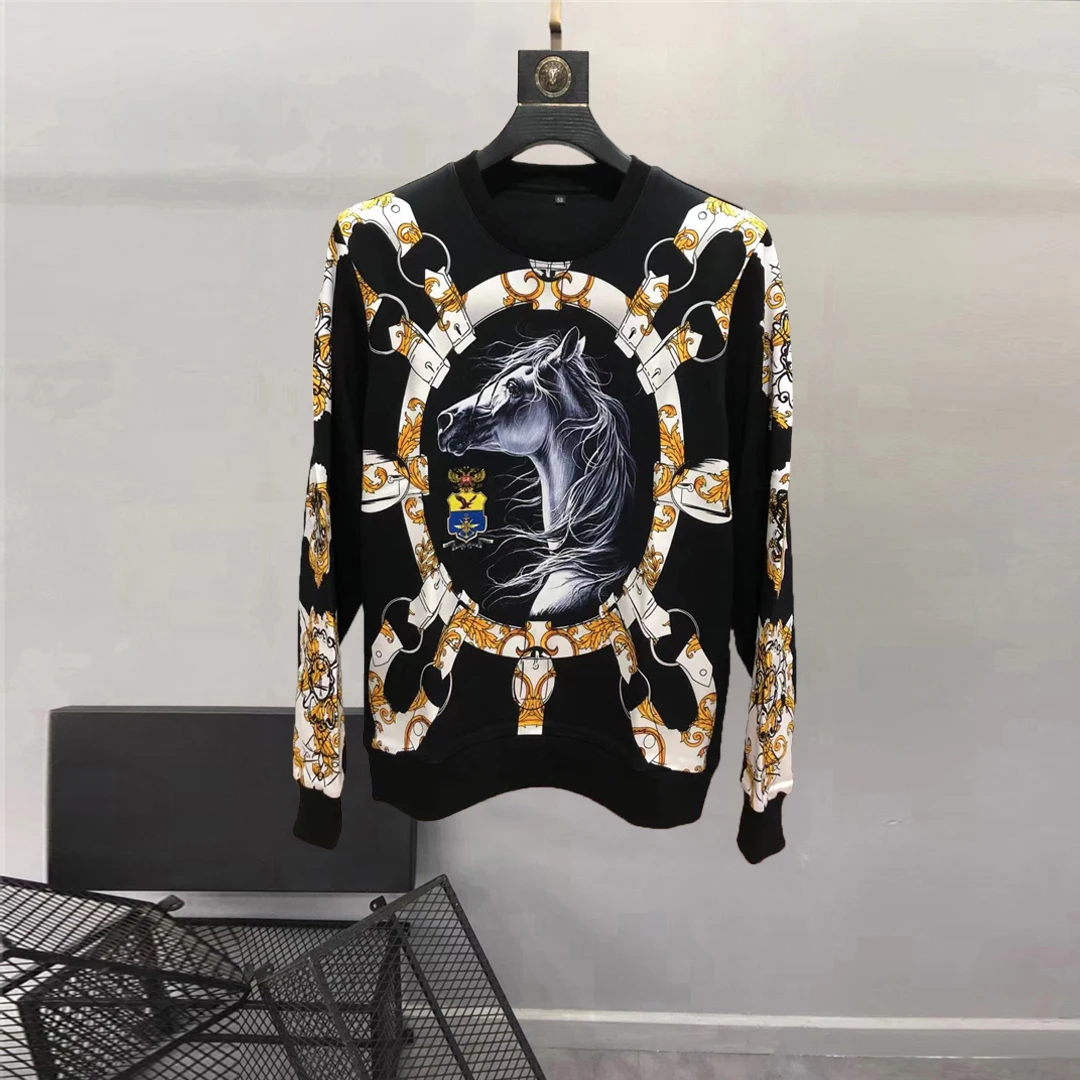 Europe and the United States men's 2024 winter new Long sleeve round neck horse chain print Fashion hoodie