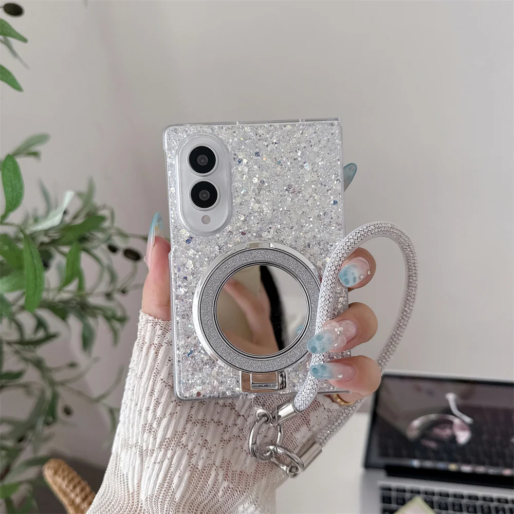 Luxury Silver Glitter Mirror Stand Phone Case For Samsung Galaxy Z Fold8  Protective Cover With Rhinestone Woven Wrist Strap