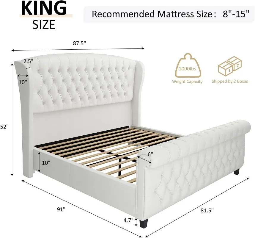 King Size Platform Bed Frame Chenille Upholstered Sleigh Bed with Scroll Wingback Headboard Footboard/Button Tufted/No Box