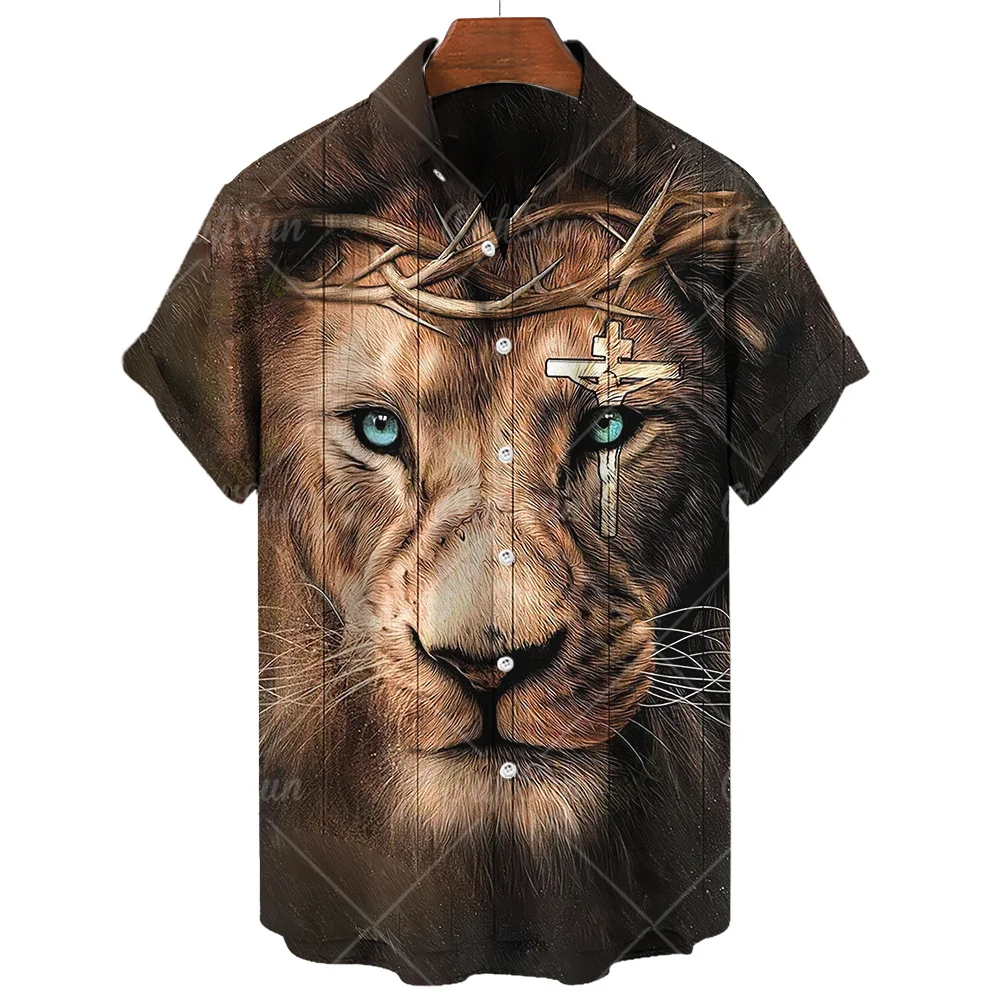 Men's Shirt Animal Lion Graphic Prints Turndown Outdoor Street Short Sleeves Print Oversized Clothed Apparel Fashion Casual Soft