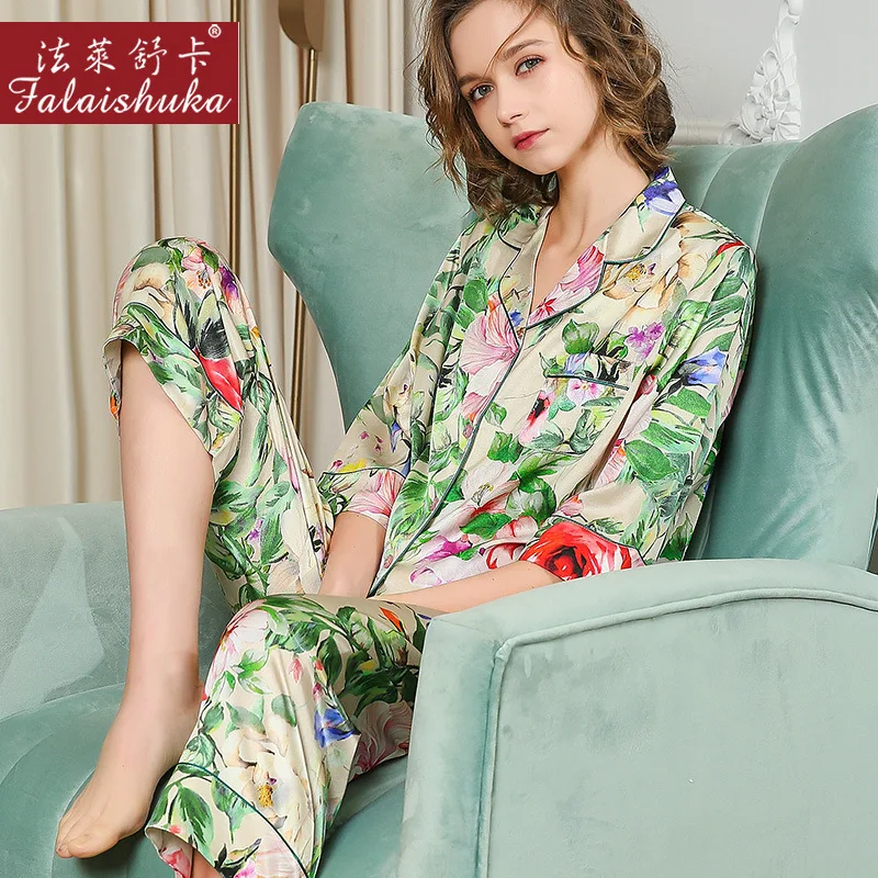 19 momme pure Mulberry Silk pajamas sets women sleepwear Fresh Flowers natural genuine silk pyjamas T8221